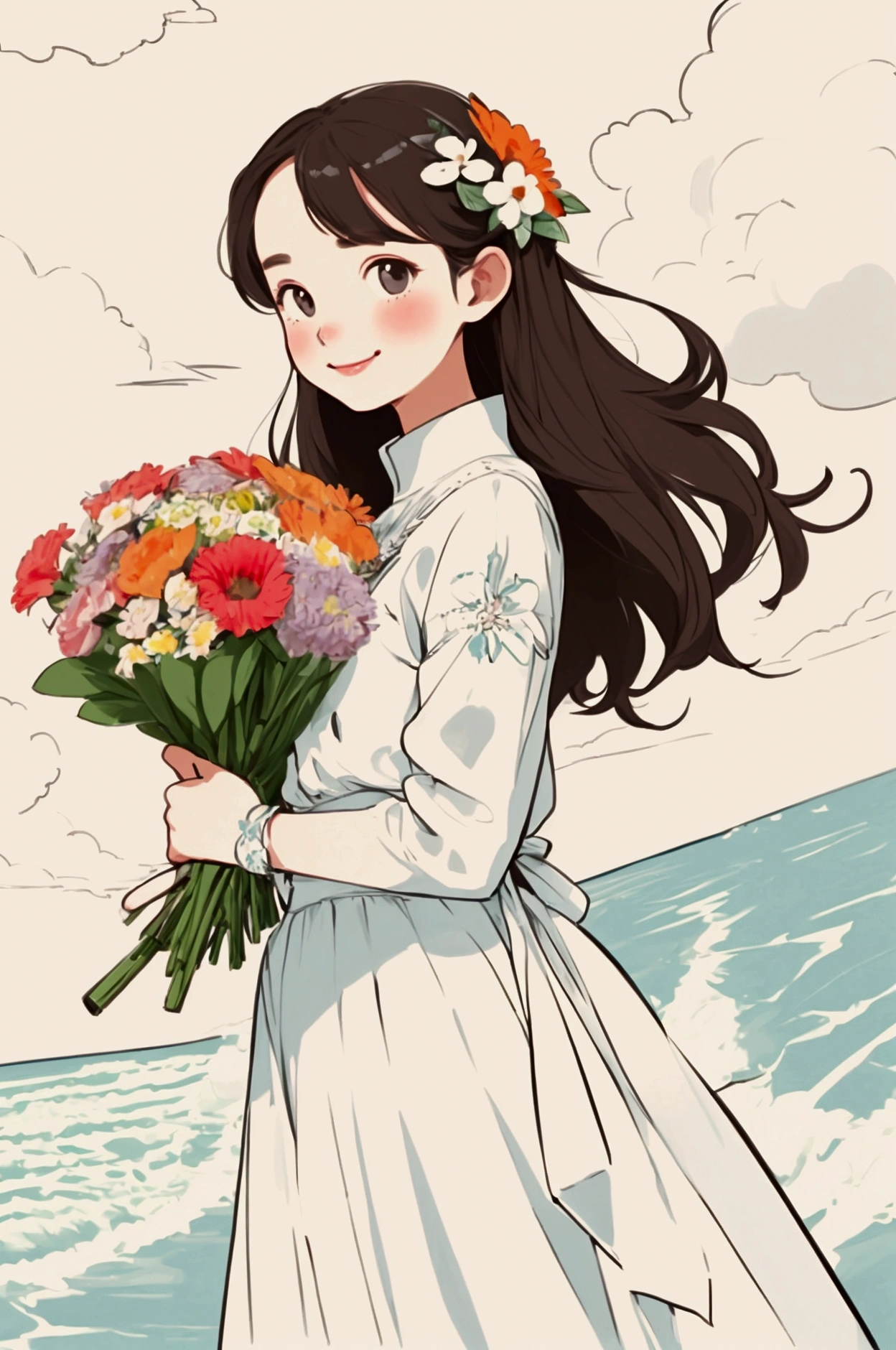 Detailed illustration of flat color、A girl holding a detailed bouquet of flowers、whole body、smile、cute、Refreshing、Seaside