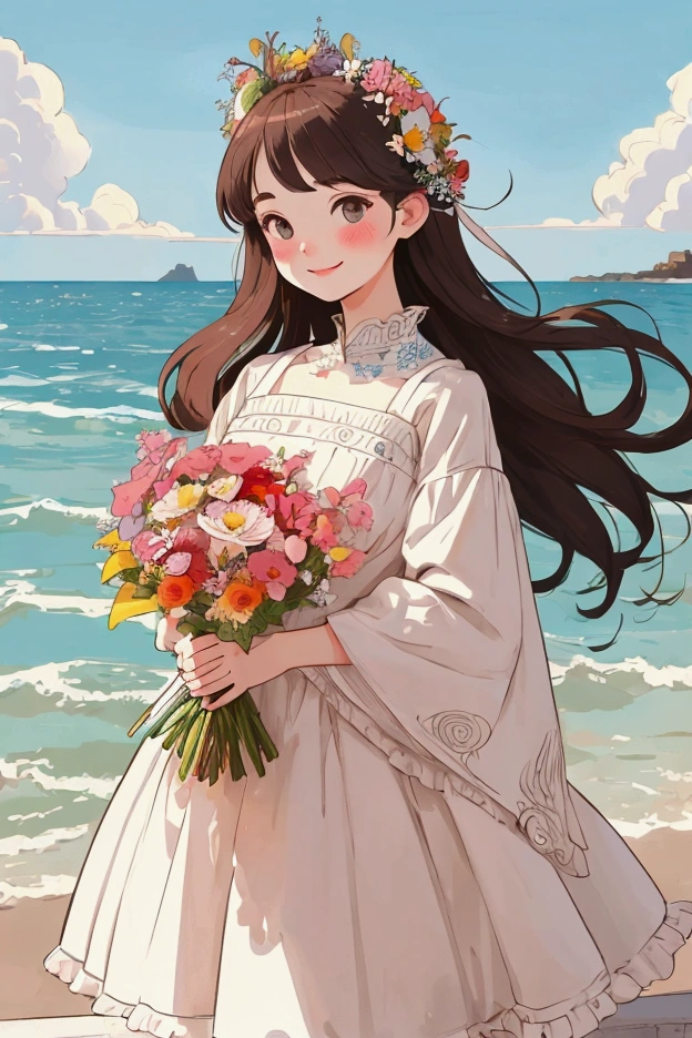 Detailed illustration of flat color、A girl holding a detailed bouquet of flowers、whole body、smile、cute、Refreshing、Seaside
