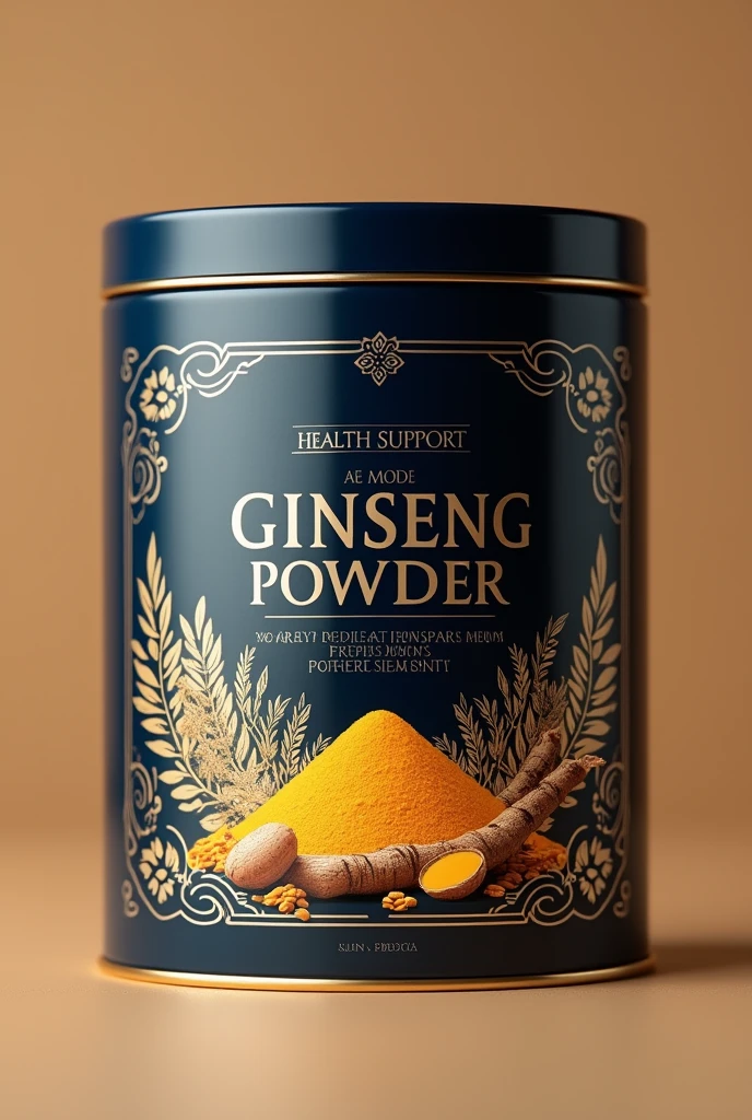 Product Packaging Design Description: Nutritional Powder Can from Nutritional Seeds Target Audience: Seniors Main Ingredients: Millennium Ginseng Root Design Requirements: Style: Elegant and impressive, suitable for the elderly target audience. Color: Use a luxurious color palette with shades such as deep yellow, navy blue and silver to create a sense of sophistication and health. Content: Prominent product name, use elegant and easy-to-read fonts. Key benefits such as “Health Support” and “Premium Ginseng Root Ingredients”. Image: Image chi tiết của nhân sâm. Nutritional grains (like red apple seeds, seeds) to highlight the main ingredients. Design Elements: Sophisticated decorative elements, like intricate patterns or metallic effects to enhance the sense of luxury. Ensure the design is easily recognizable on the shelf and attracts consumer attention.