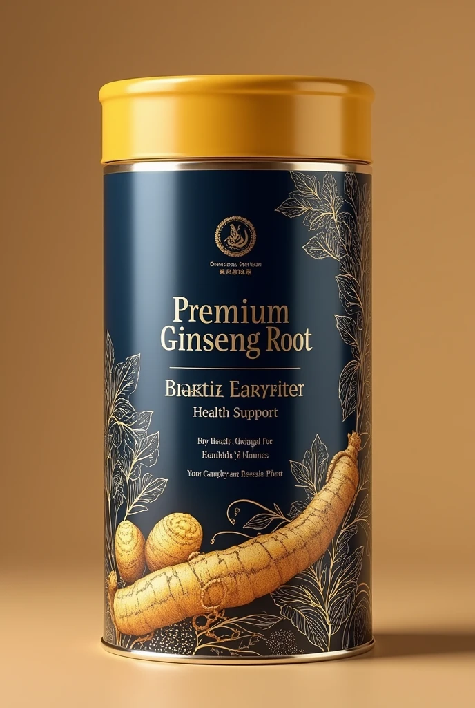 Product Packaging Design Description: Nutritional Powder Can from Nutritional Seeds Target Audience: Seniors Main Ingredients: Millennium Ginseng Root Design Requirements: Style: Elegant and impressive, suitable for the elderly target audience. Color: Use a luxurious color palette with shades such as deep yellow, navy blue and silver to create a sense of sophistication and health. Content: Prominent product name, use elegant and easy-to-read fonts. Key benefits such as “Health Support” and “Premium Ginseng Root Ingredients”. Image: Image chi tiết của nhân sâm. Nutritional grains (like red apple seeds, seeds) to highlight the main ingredients. Design Elements: Sophisticated decorative elements, like intricate patterns or metallic effects to enhance the sense of luxury. Ensure the design is easily recognizable on the shelf and attracts consumer attention.
