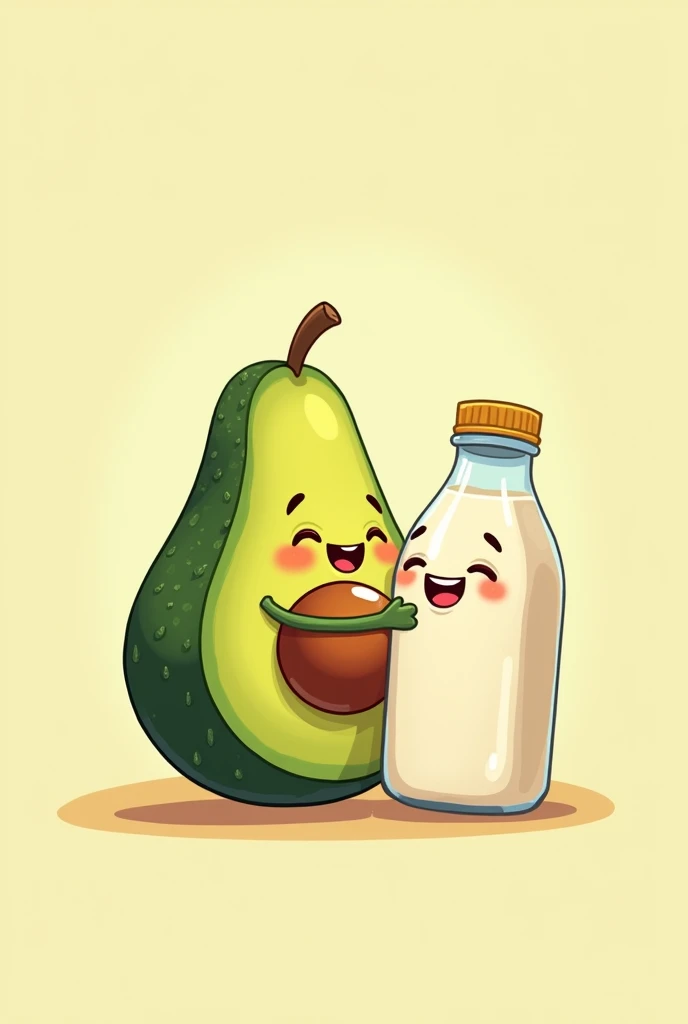 A smiling avocado, glad abraçando uma garrafa de leite sorridente, glad