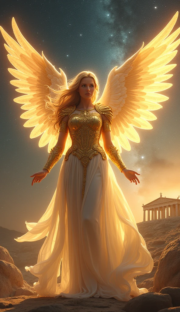 A very beautiful angel wearing golden armor in the style of ancient Rome, Starry Sky, With the Parthenon in the background