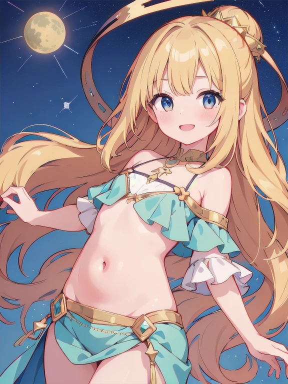 Highest quality、Ultra-high resolution、Highly detailed face、Eye highlights、A girl of about twelve, still with a touch of childishness、Long wavy blonde hair、Belly dancer costume、Arabian-style clothing、Flat Chest、Off the shoulder、belly button、smile、Marble Palace、The stars are dancing around the girl