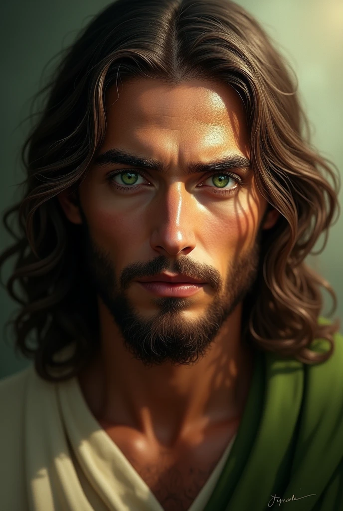 Jesus looking at you intently, green eyes 