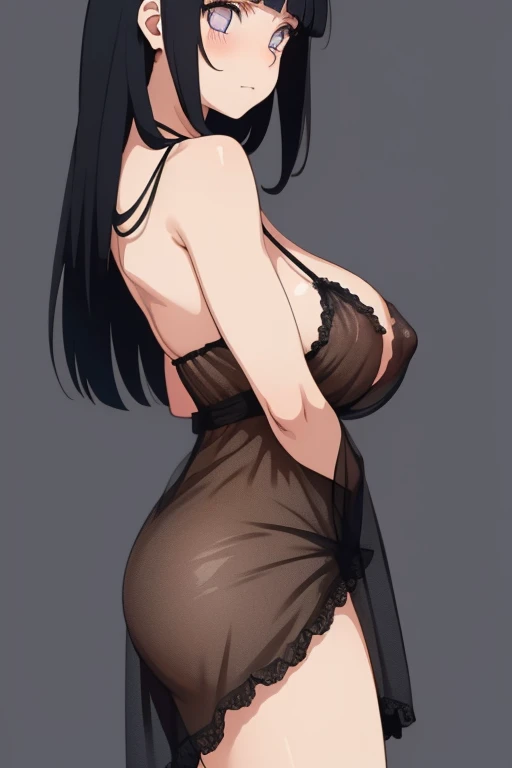 (from side:2.0), (looking side:1.8), (cowboy shot:1.3, standing), (perfect detailed anatomy:1.5, beautiful detailed face, beautiful detailed eyes, beautiful skin, perfect detailed arms:1.5), (masterpiece, top-quality, hight resolution:1.2), (anime screencap,1.5, anime-keyvisual), (ultra_detailed, 4k, UHD:1.2), (photorealistic, pixiv:1.3, the perfect body), NSFW, hinata\(shippuden\), 1girl, cute, black hair, solo, blush:1.5, (huge :1.5), (negligee:1.5), (arms behind back:1.5), (simple background), thick outline, black outline