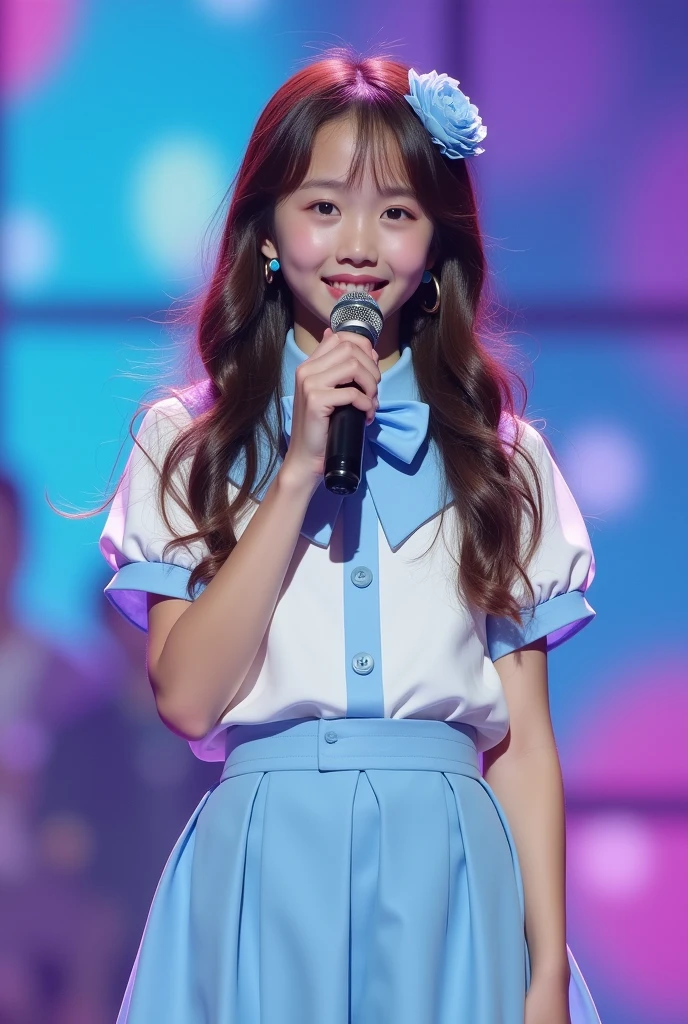 Long shot photo of a beautiful girl, brown long wavy hair down, chinese pop idol, 50mm portrait, on colorful stage, crying with tears thanking everyone with microphone, Top: Baby blue and white sweet collar, front button closure, baby blue solid short skirt and matching beautiful Bow Tie, flower clip with baby blue petals on the top and in the hair, white shoes with light blue laces