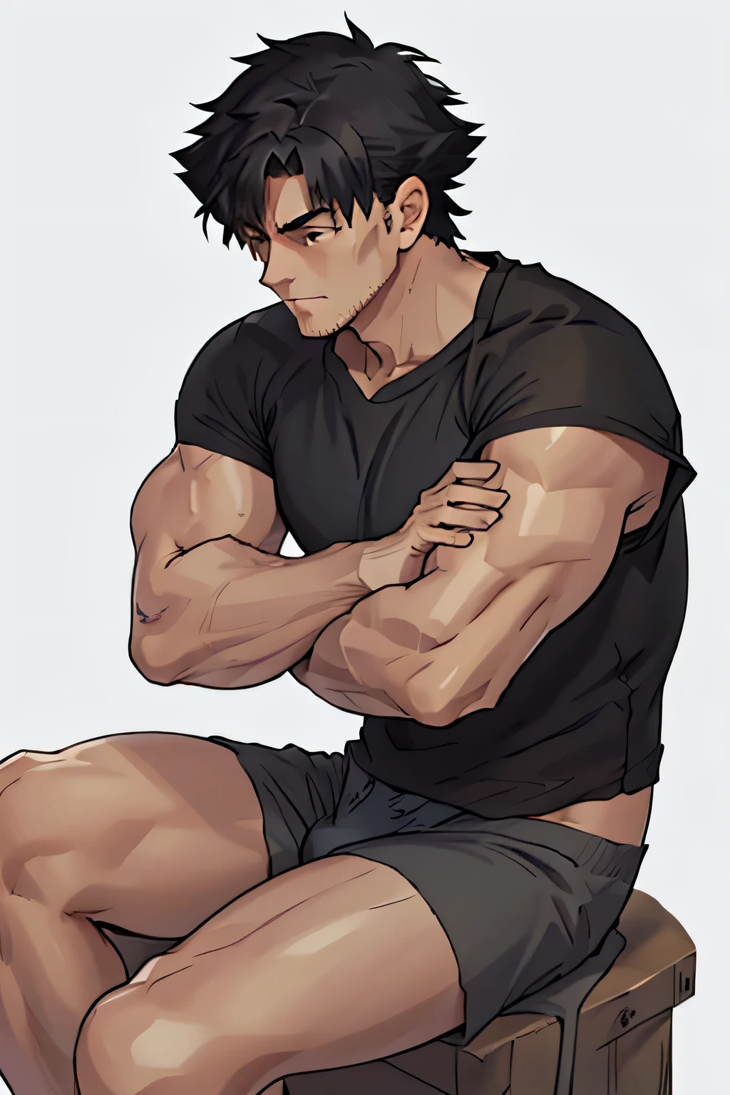 Kiritsugu is sitting and flexing his arms. He wears a black tshirt with short sleeves. His right sleeve is completely rolled up, so you can see his entire arm and shoulder. He wears black short boxershorts. You can see his thighs completely. He has a huge bulge. You can see his abs too. He is admiring his arms. he has big veins on his arms.