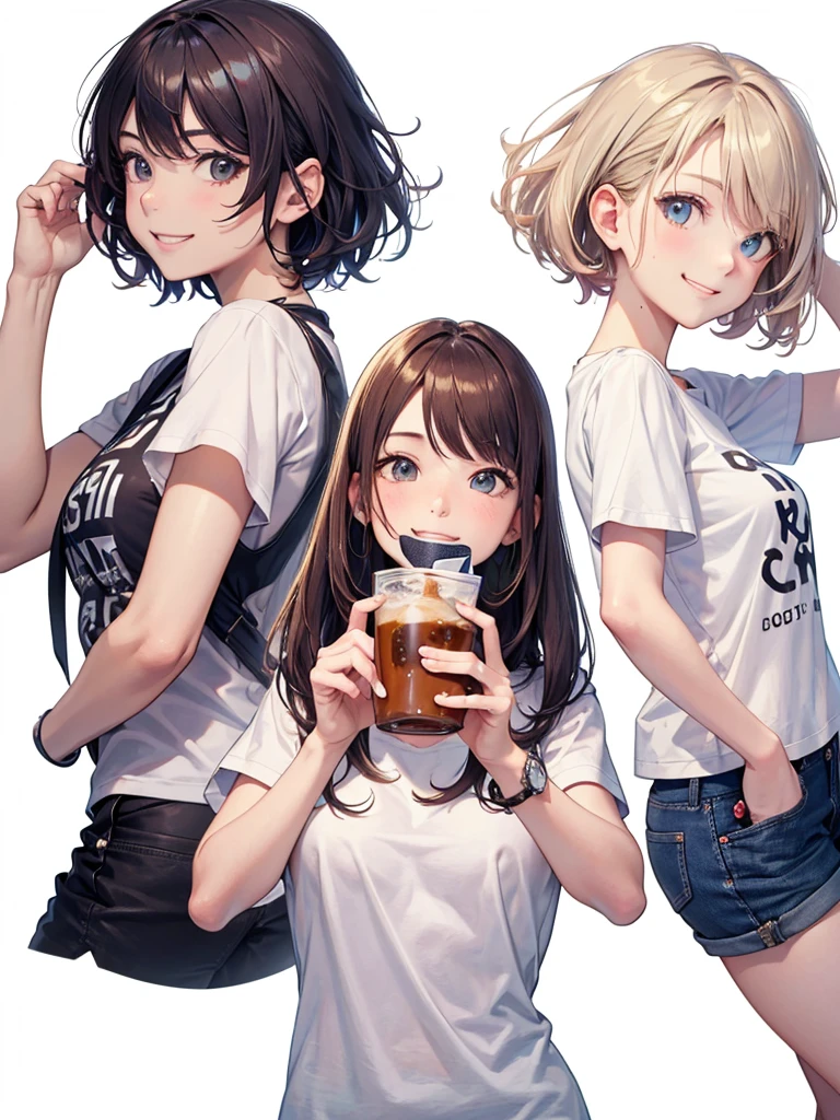 high resolution,Perfect Anatomy,Accurate anatomy,1 person,I'm holding an iced coffee and drinking it., ,Trendy hair,Trendy hair color,Trendy T-shirts,((White Background)), head whole,Various poses,smile,はにかむsmile,恥ずかしそうなsmile
