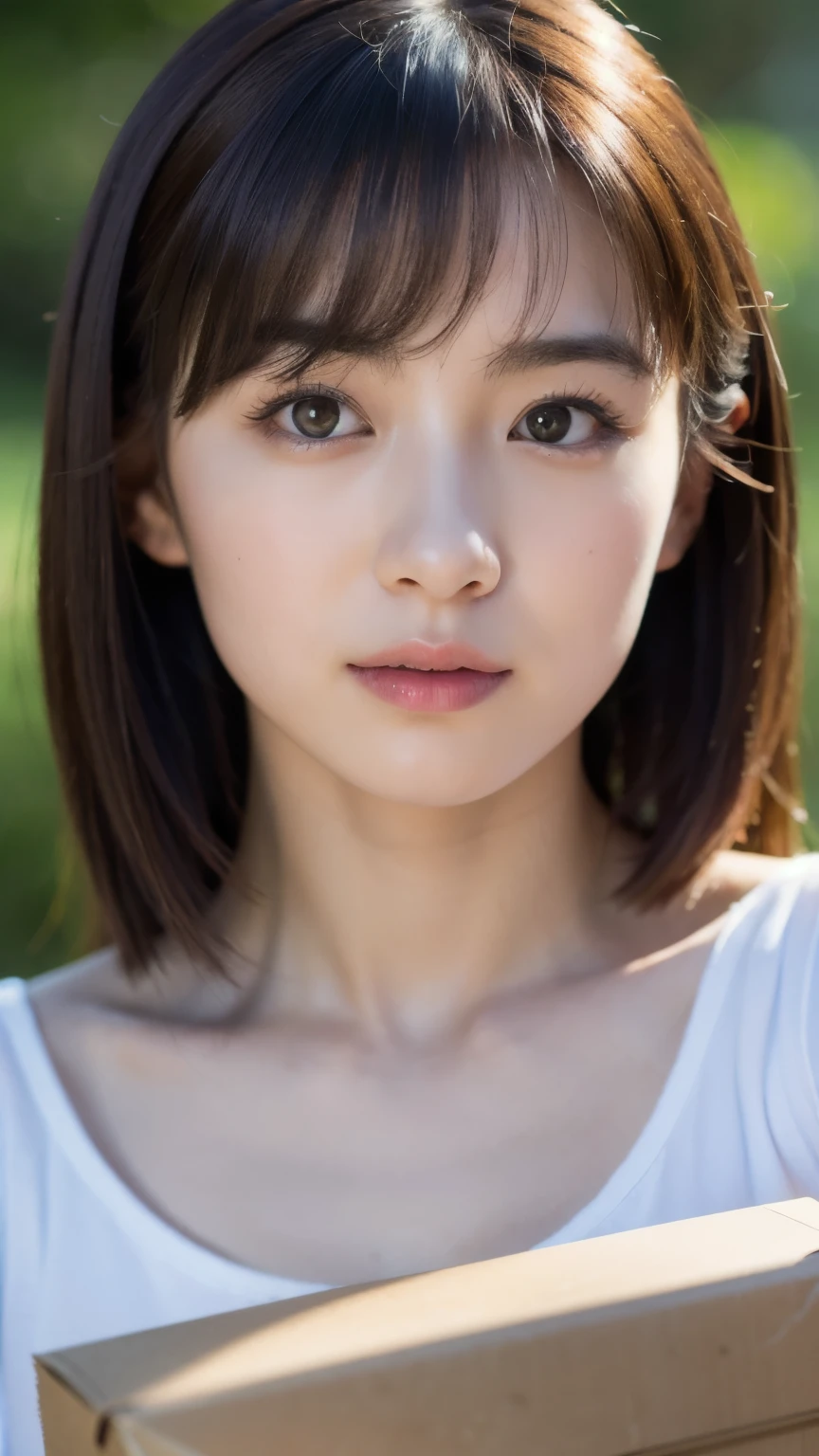 You are a professional photographer。masterpiece、8K、Highest quality, Soft Light, Ultra-high resolution, (Realistic:1.4), RAW Photos,24 years old Japanese, alone, cute, bangs、(pupil, Light in your eyes), Beautiful face in every detail, (Small box),(High resolution detail of human skin texture)、Postman
、post office、(Portraiture)