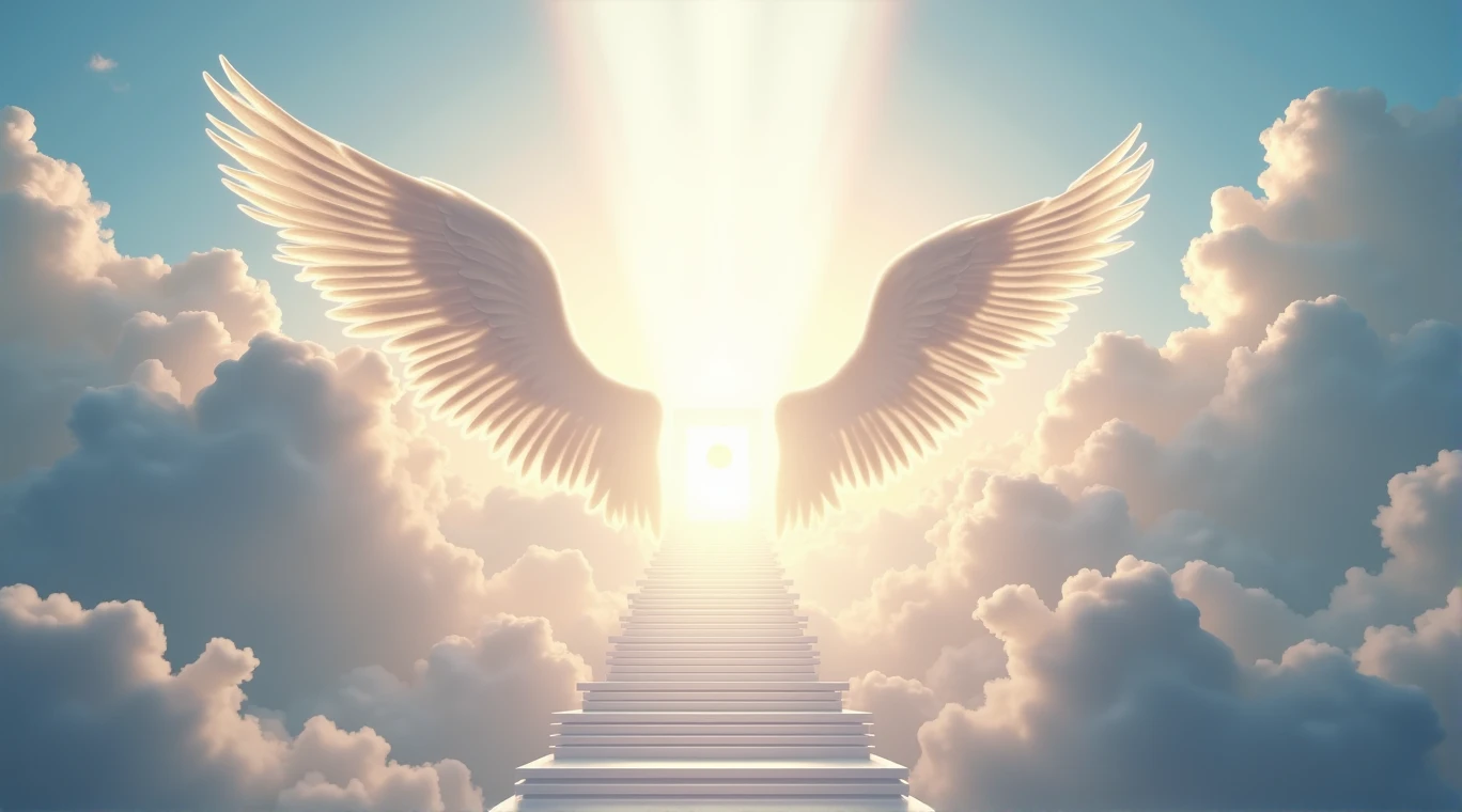 angels flying in the sky with a halo above them, concept art by Alexander Kucharsky, trending at CGSociety, digital art, angels in the sky, paradise background, full of paintings of angels, angels, godly and ethereal, flying angels, biblically accurate angels, paradise!!!!!!!!, a white staircase towards the light, the gates of paradise