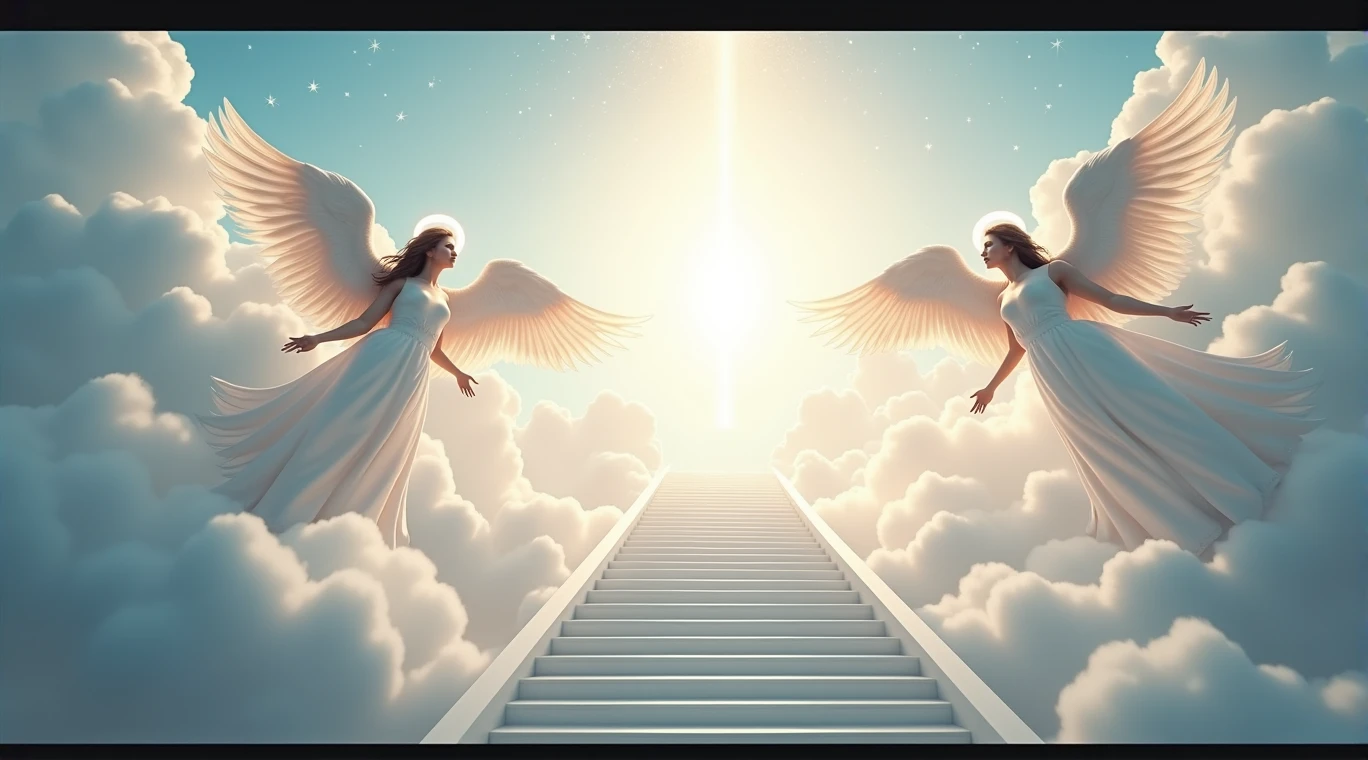 angels flying in the sky with a halo above them, concept art by Alexander Kucharsky, trending at CGSociety, digital art, angels in the sky, paradise background, full of paintings of angels, angels, godly and ethereal, flying angels, biblically accurate angels, paradise!!!!!!!!, a white staircase towards the light, the gates of paradise