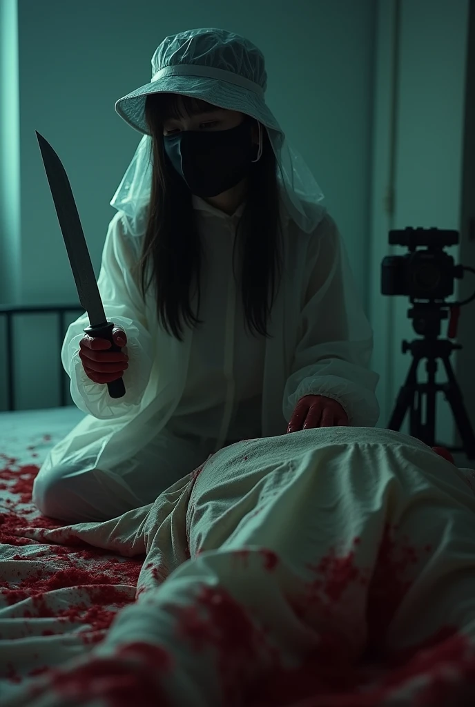 korean girl, (behind corpse, holding knife), black surgical mask, leather gloves, room full of blood, transparent raincoat, bucket hat, holding knife, leather gloves, woman on top, behind corpse, blood splatter, bed room, night, mass murderer, killer, long bangs, blood splatter, dark atmosphere, cinematic lighting, atmospheric realistic, close-up, tripod and camera in the back, shooting with camera
