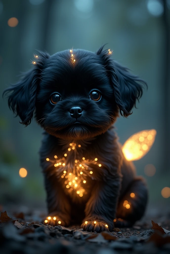 (best quality, masterpiece, ultra detailed, ultra high res, photorealistic, raw photo, absurdres, absolutely resolution), A creature that combines a black shih tzu puppy and a firefly
