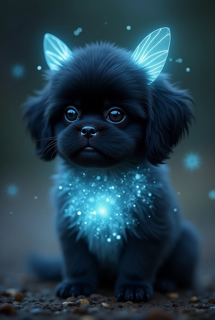(best quality, masterpiece, ultra detailed, ultra high res, photorealistic, raw photo, absurdres, absolutely resolution), A creature that combines a black shih tzu puppy and a firefly