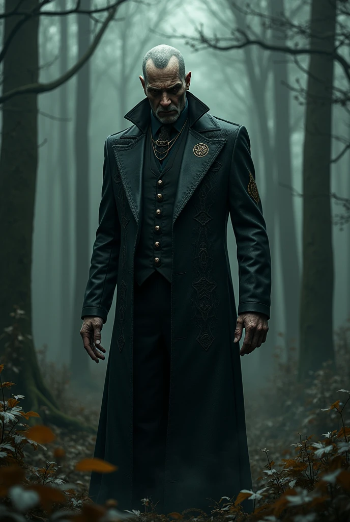 Terrifying man in a forest,in a black suit with satanic images