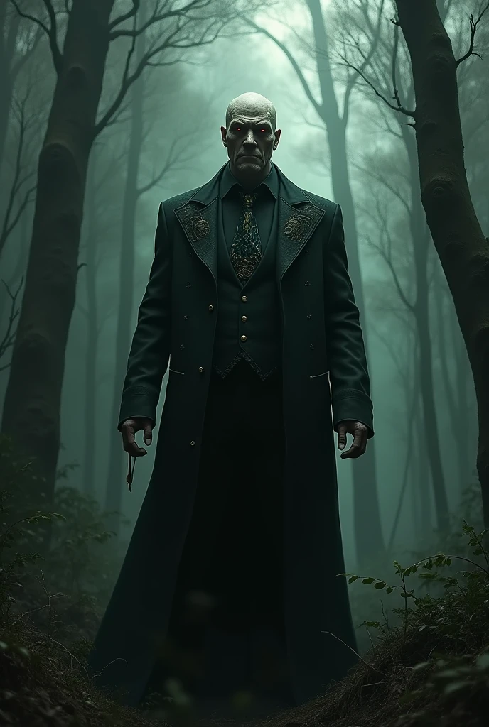 Terrifying man in a forest,in a black suit with satanic images