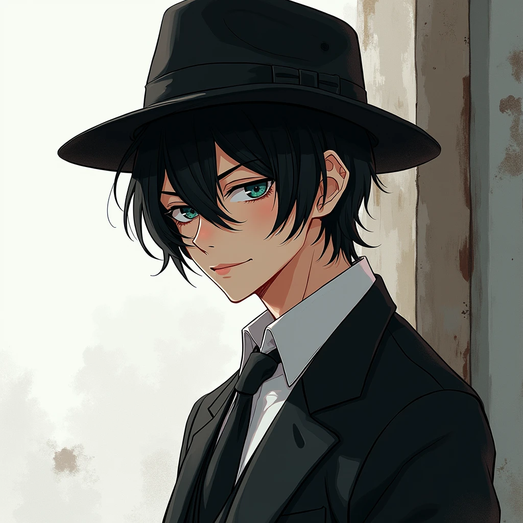 ((illustration)), (best quality)), ((masterpiece)), (detailed), adult, 1male, black hair, suit, fedora, solo, 1boy, smiling, crazy look, shirt: 1.5, anime