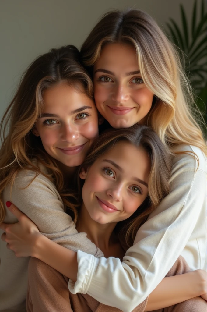 Three beautiful female older children, happily smiling, long blonde hair, wearing pink silk pajamas, laying together on giant bed, eyes open and looking at camera, viewed from above, photorealistic, ultra detailed, 8k, extreme skin detail