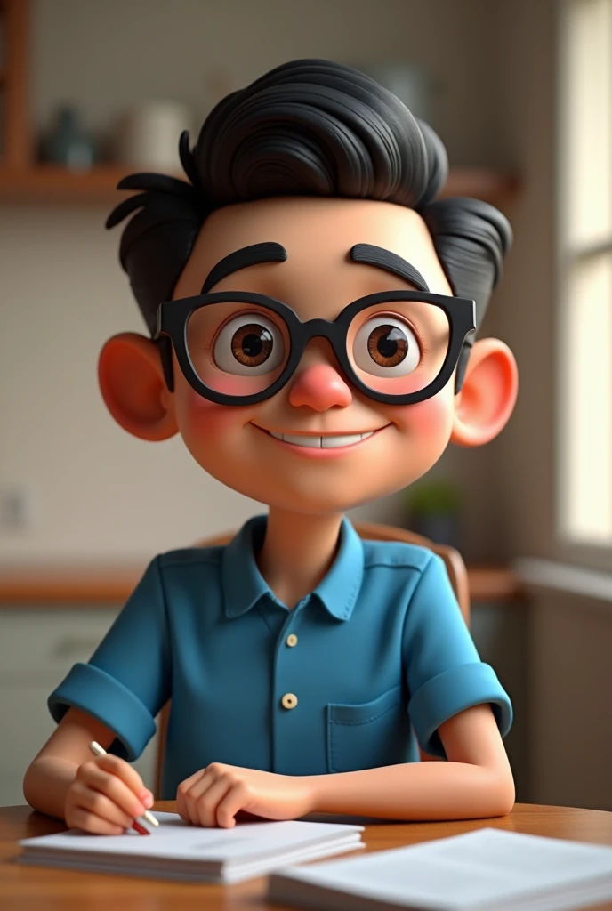 Cartoon character of a man wearing black glasses and a blue shirt, um personagem animado, Caractere estilizado, animation style rendering, 3D estilizado, Arnold Maya render, 3 d render stylized, toon render keyshot, Personagem 3D, Personagem 3D, 3d rendering stylized, 3 d character render, personagem de desenho animado, Personagem de close up, Pose de personagem, (Estilo Pixar) (master part:1.2) (Bokeh) (best quality) (pele detalhada) (textura detalhada) (8k) (argila) (Cinematic lighting) (foco nítido，Senta e vaza a parte superior do corpo