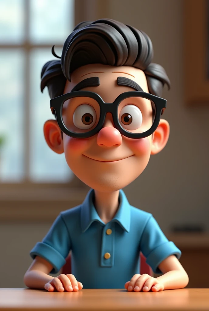 Cartoon character of a man wearing black glasses and a blue shirt, um personagem animado, Caractere estilizado, animation style rendering, 3D estilizado, Arnold Maya render, 3 d render stylized, toon render keyshot, Personagem 3D, Personagem 3D, 3d rendering stylized, 3 d character render, personagem de desenho animado, Personagem de close up, Pose de personagem, (Estilo Pixar) (master part:1.2) (Bokeh) (best quality) (pele detalhada) (textura detalhada) (8k) (argila) (Cinematic lighting) (foco nítido,Senta e vaza a parte superior do corpo