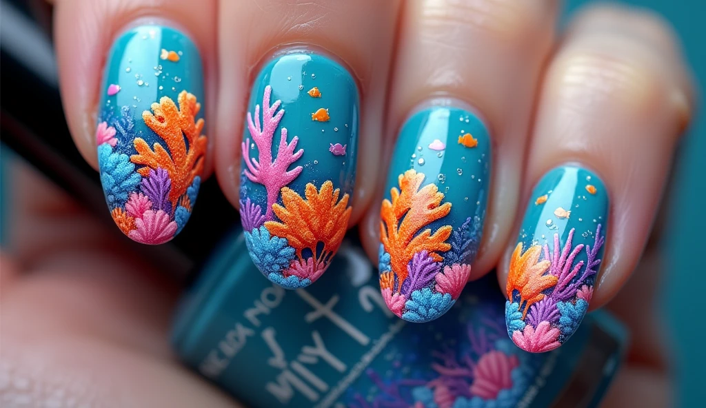 **Underwater Coral Reef Nail Art:** The nails feature colorful coral reefs, tropical fish, and sea plants in vibrant oranges, pinks, and blues. The background is a gradient of deep to light blue, resembling the ocean, with subtle bubbles and sparkles to enhance the underwater theme. This design brings the vibrant and diverse beauty of coral reefs to your nails.