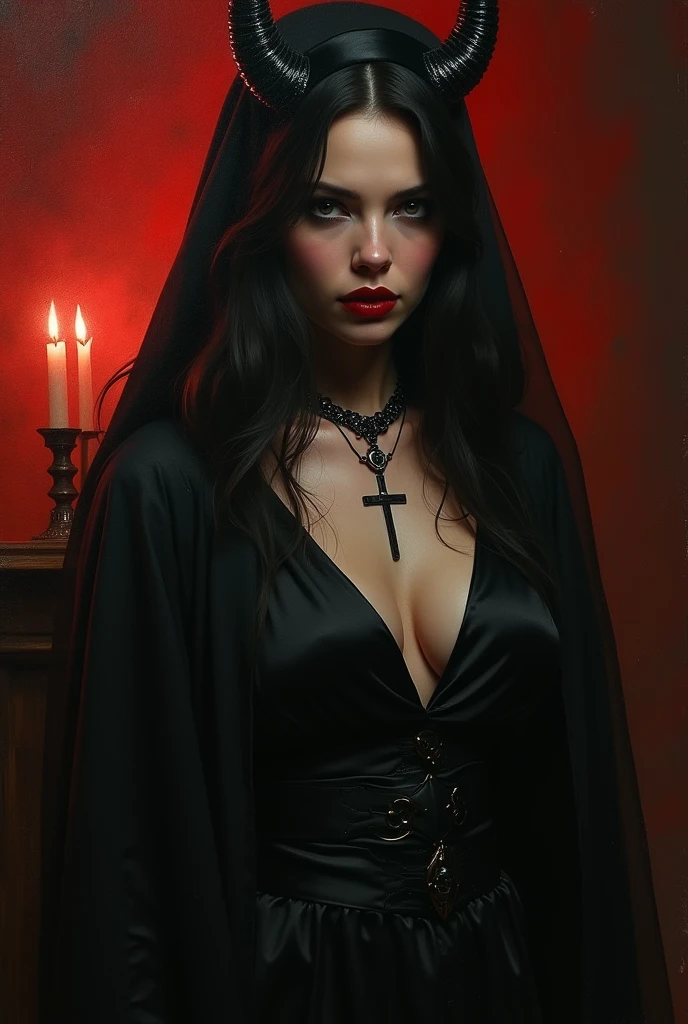 (sexy goth demon nun), Dark, mysterious, charming, hauntingly beautiful, (detailed facial features, PENETRATING EYES, dark red lips), flowing black robes, necklace with a cross, sensual, seductive pose, (candlelight backdrop, sinister atmosphere), (Best Quality, High resolution, ultra detailed), (Gothic art, oil painting, dark fantasy), (dramatic lighting, darkness, ethereal glow), (Black and red color combination., intense contrast), (Beautifully composed, intricate details), (evokes a sense of desire and forbidden allure.)., horned girl, devil horns, elf ears, cleavage, thigh, short skirt, sexy