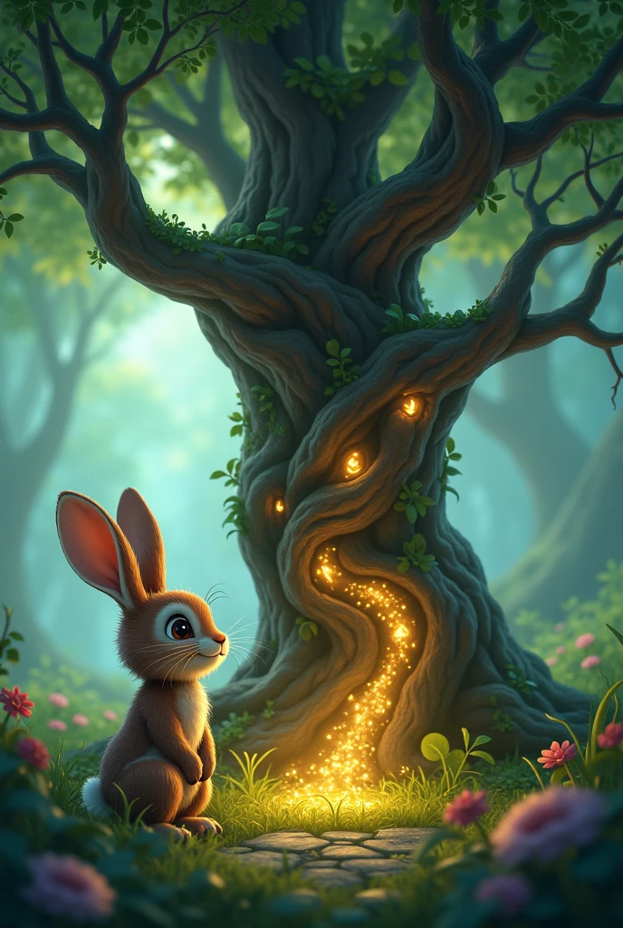 A little rabbit observing a magic tree