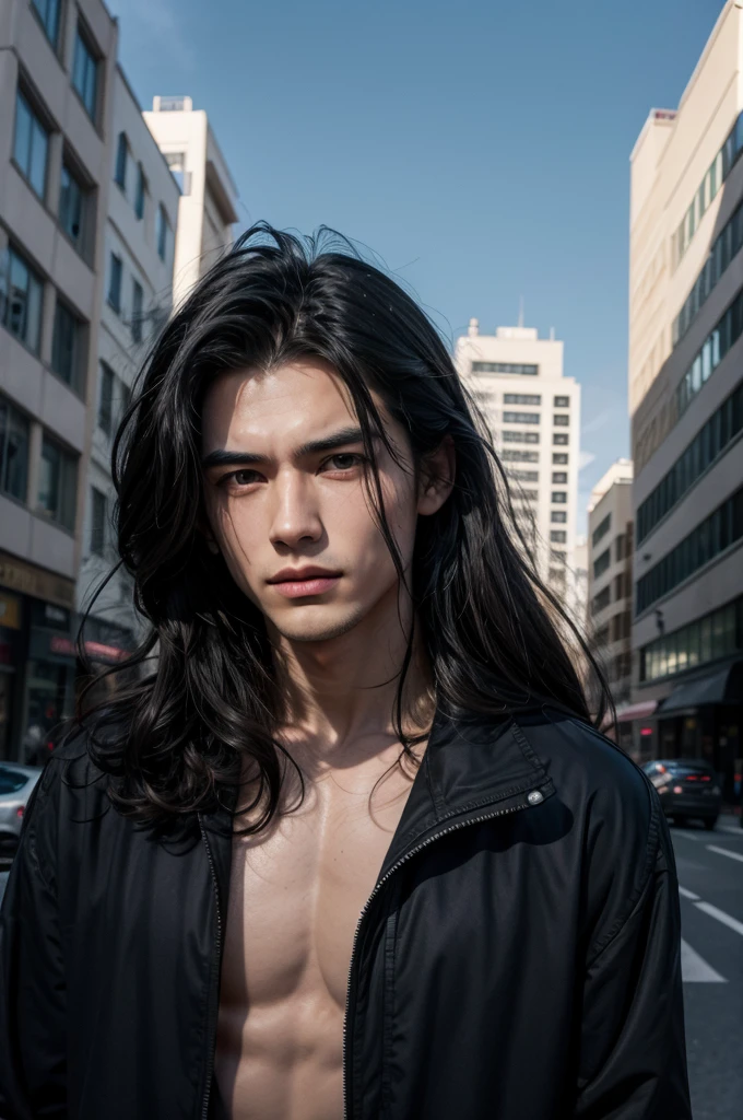 A tall, strong man with long, navy blue hair,in front of a building. With a bright, lively day and the lights shining brightly, As if his hair was on fire with eyes blazing and hair whipping in the wind and muscles defined and so strong with veins popping out