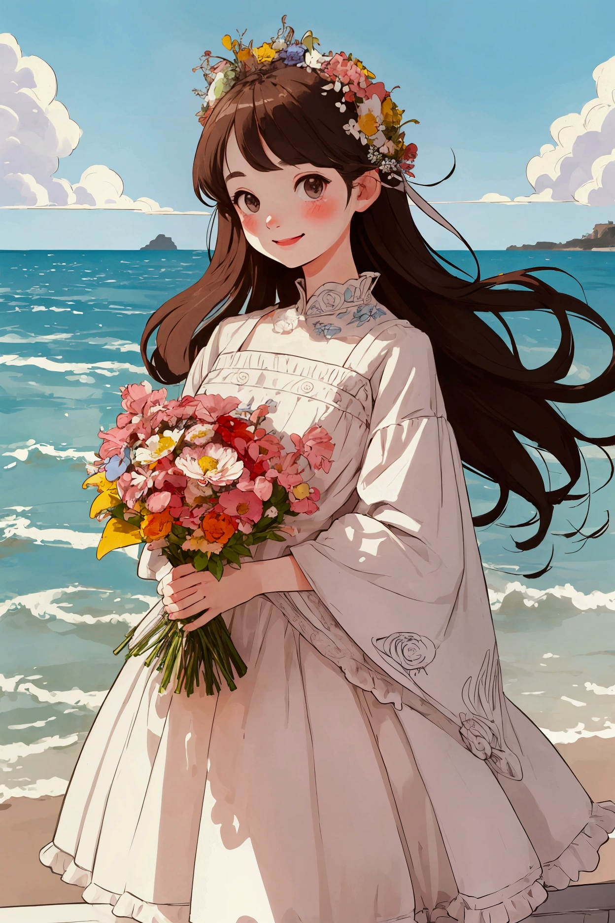 Detailed illustration of flat color、A girl holding a detailed bouquet of flowers、whole body、smile、cute、Refreshing、Seaside