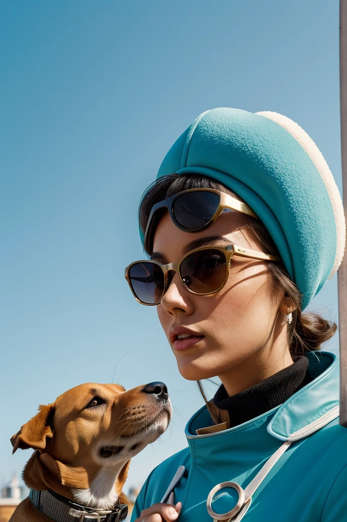 The best cell phone wallpaper, Award-Winning Wallpaper, portrait photography, In the front view is a portrait of a cute dog wearing mid-1960s space age fashion, Side view photo, Shot with Canon EOS R5, Set a strong contrast that accentuates the subject, Fluorescent blue tone, Wearing a very modern coat and sunglasses is a modern 1960s style, Clothes all in one color, beautiful background