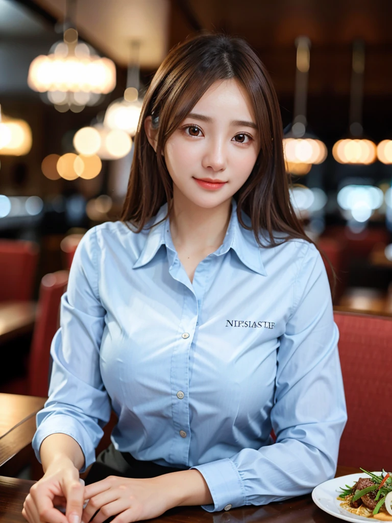 masutepiece, Best Quality, Photorealsitic, Ultra-detailed, finedetail, hight resolution, 8K Wallpapers, 1 beautiful woman, Wear casual business wear, In a great restaurant, At night, light brown messy hair, Perfect dynamic composition, Beautiful detailed eyes