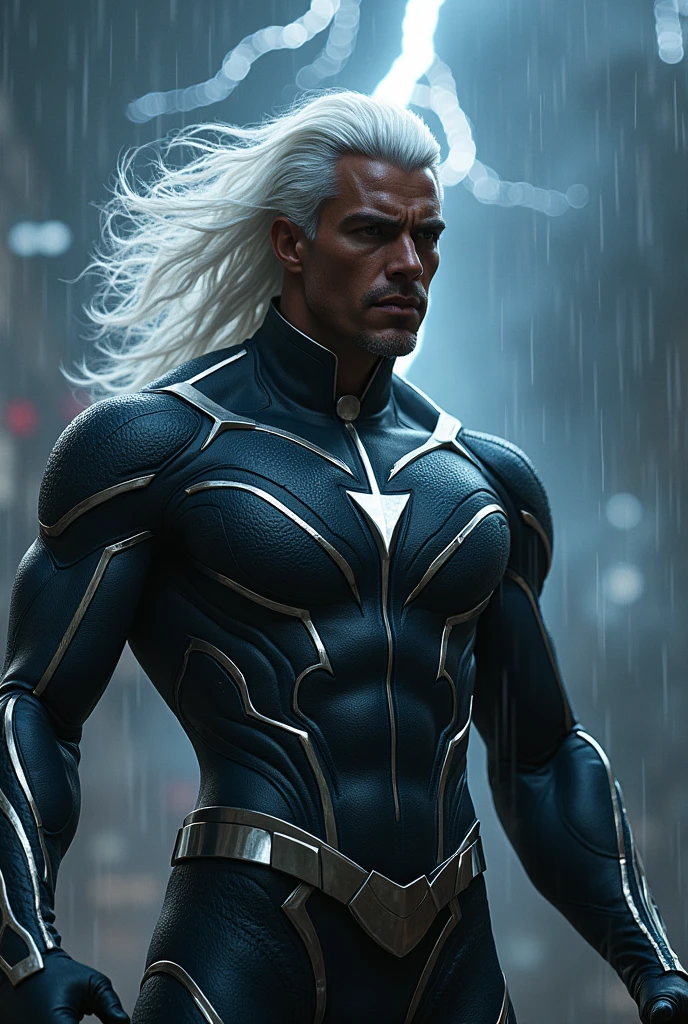 "A very realistic representation of Storm from a leather-like material, with intricate silver details that emphasize his athletic physique. The suit is designed with elegant cuts that add a modern and sophisticated touch to his appearance, while maintaining his iconic and powerful aura. His white hair is. long and loose, caught dramatically in the wind, and his eyes shine with a fierce intensity as he summons lightning from the dark clouds above. The scene plays out in a dark and moody atmosphere, with rain falling and lightning illuminating. the sky, showing his control over the elements.