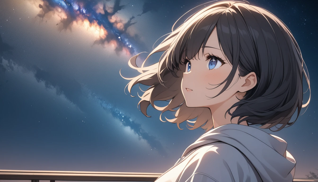 Starry Sky、milky way、One woman、Black Hair、Short Hair、Hair blowing in the wind、Blue Eyes、Wearing a hoodie、Back view、Upper Body、Low - Angle