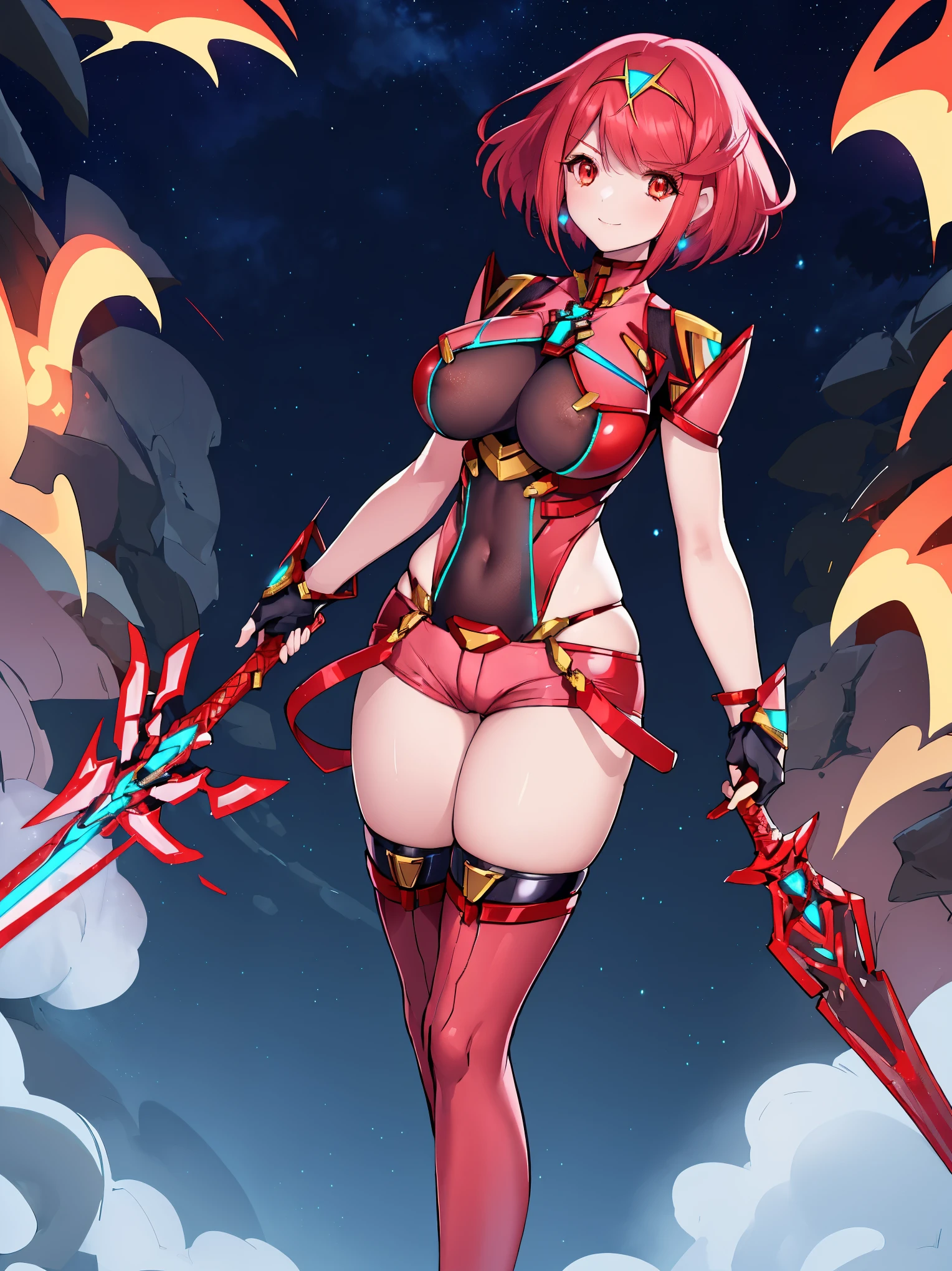 pyra \(xenoblade\), young__1girl, armor, bangs, black gloves, breasts, red eyes, closed mouth, earrings, eyelashes, fingerless gloves, floating hair, framed breasts, gem, gloves, hair ornament, headpiece, jewelry, big_breasts, leaning back, leotard, neon trim, official art, pose, red hair, red shorts, saitou masatsugu, short hair, short shorts, short sleeves, shorts, sidelocks, skin tight, solo, standing, swept bangs, thighhighs, tiara, night_prairie_background, turtleneck, underbust, vambraces, xenoblade chronicles \(series\), (xenoblade chronicles 2), apart_legs, fire_effect,dynamic_pose_fighting,light_smile, (plump:1.1), big_ass,huge_sword, hold_large_sword_hilt, solo, covered_nipples, covered_pussy,