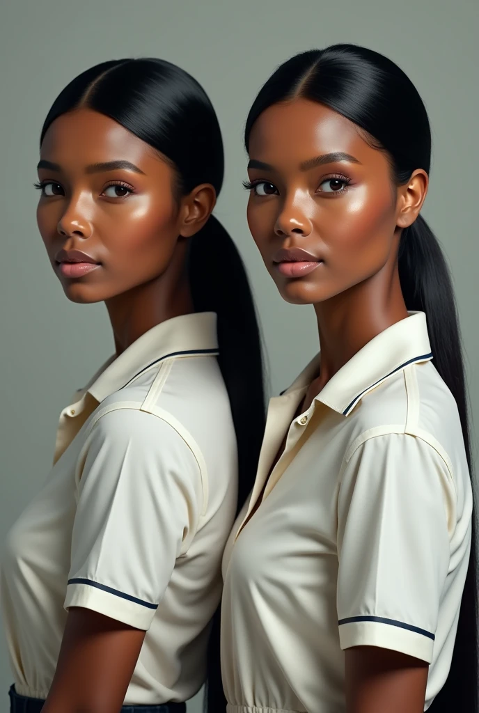 two beautiful women with brown skin, black and straight hair tied in the middle, en blouson de service de nettoyage.