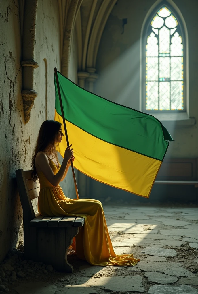 8k (photo realist) A young woman wearing a long dress, holding a green and yellow flag,  sitting on a bench in an abandoned and old church
