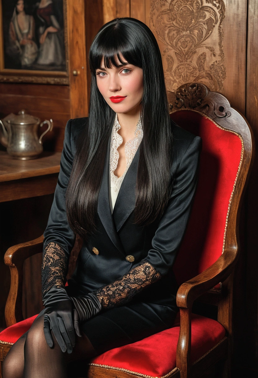High-quality realistic acrylic art, vivid colors, lateral point of view, a beautiful vintage european woman with long black straight hair, bangs, looking at the viewer with suspicious face and a shy smile, red lips, she wear black silk suit, lace gloves, tights, crossed legs, sitting on a fancy wooden chair