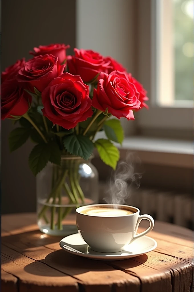 Red roses on a table with a cup of coffee with milk for