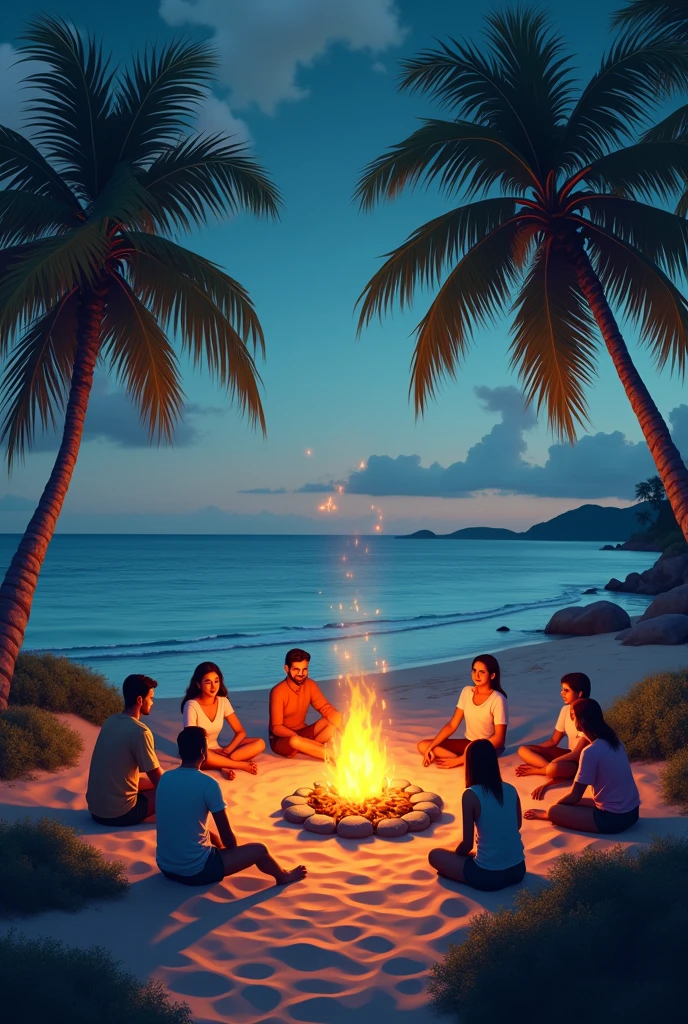 sea, beach, palm trees, Campfire