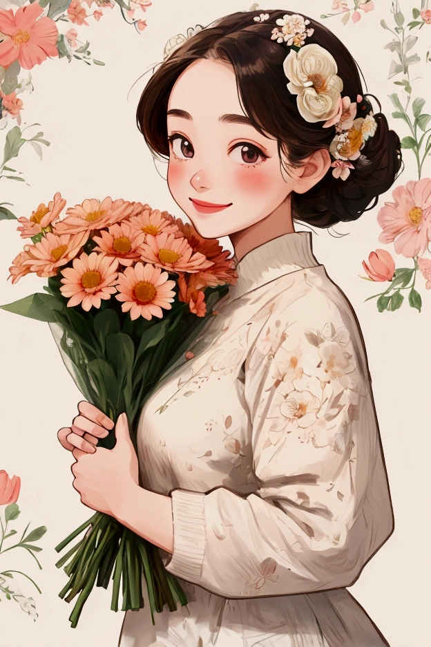 Detailed illustrations、A girl holding a detailed bouquet of flowers、whole body、smile、cute、Refreshing、Floral background