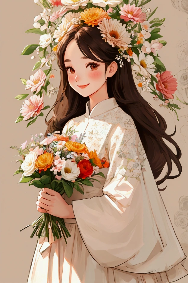 Detailed illustrations、A girl holding a detailed bouquet of flowers、whole body、smile、cute、Refreshing、Floral background