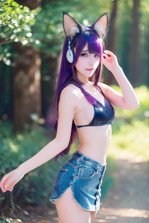 masterpiece, best quality, ultra-detailed, fish-eye lens, forest, a cute girl, solo, miniskirt, beautiful purple hair, beautiful light blue eyes, beautiful eyes, cat ears, headphone, neon light