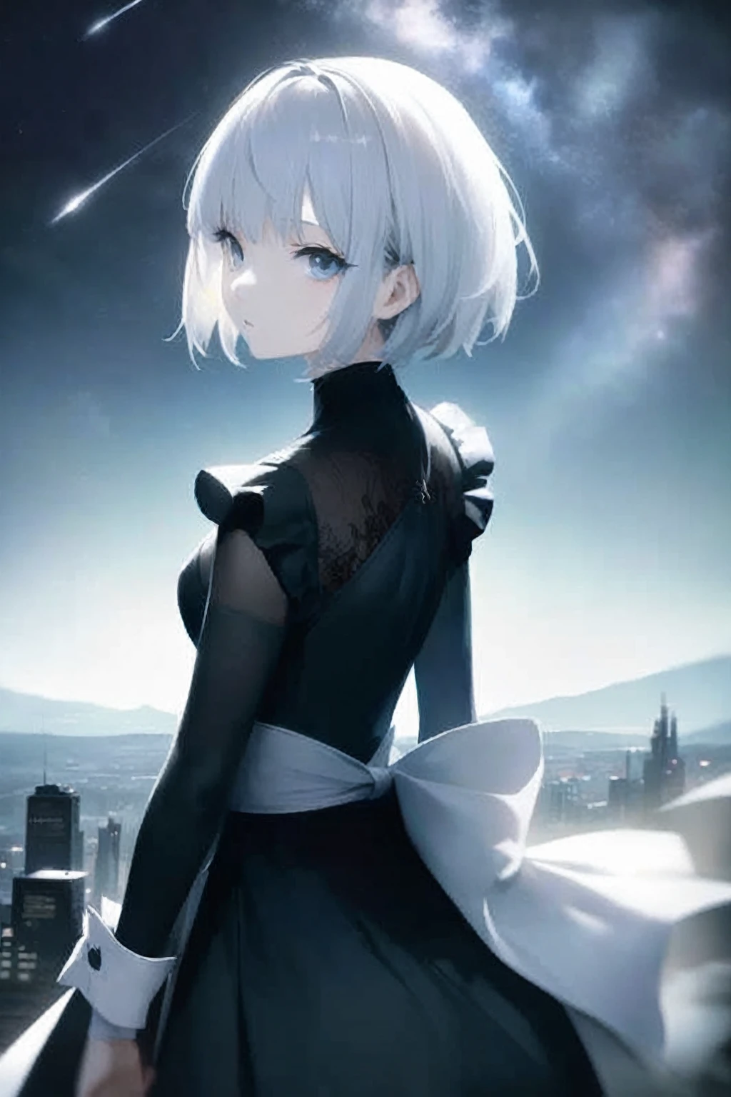 anime girl in a black dress with a white bow and a black dress, anime girl wearing a black dress, best anime 4k konachan wallpaper, film still of 2b nier automata, girl with short white hair, 2b, 2 b, anime style like fate/stay night, guweiz, nier 2 b, smooth anime cg art, white background, full body