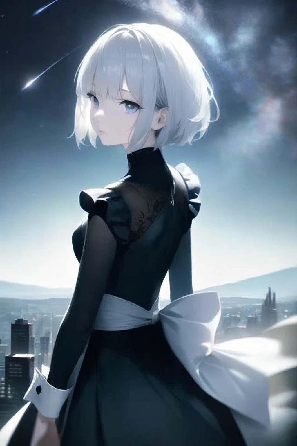 anime girl in a black dress with a white bow and a black dress, anime girl wearing a black dress, best anime 4k konachan wallpaper, film still of 2b nier automata, girl with short white hair, 2b, 2 b, anime style like fate/stay night, guweiz, nier 2 b, smooth anime cg art, white background, full body