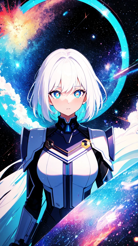 1girl, white hair, symbol-shaped pupils, space goddess, galaxy, light particles, light rays, wallpaper, high contrast, colorful,
