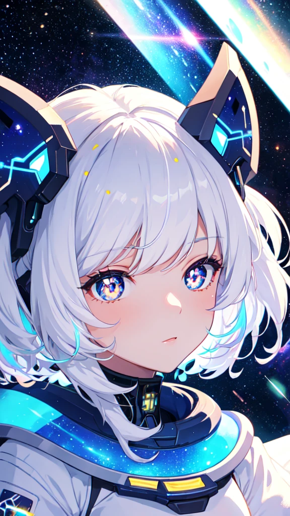 1girl, white hair, symbol-shaped pupils, space goddess, galaxy, light particles, light rays, wallpaper, high contrast, colorful,