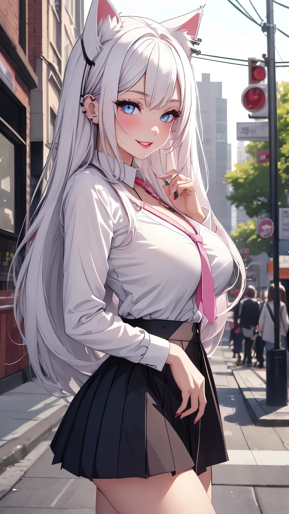 1 girl, young sexy woman, at the street, daytime, seductive smile, long white hair, blue eyes, school uniform, cat ears, necklace and piercing, pink lips, gigantic_breasts, absurdres, high detailed, best quality, ultrasharp, 8K, masterpiece.