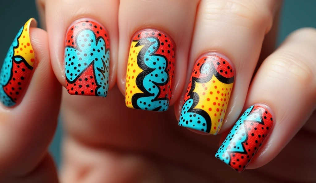 **Retro Pop Art Nail Art:** Each nail displays bold, graphic pop art elements like comic-style dots, explosive shapes, and vibrant primary colors. The background is a contrasting, solid color with a slight texture to mimic the classic comic book feel. This design brings a playful, vintage pop art vibe to your fingertips with eye-catching patterns and vivid hues.

