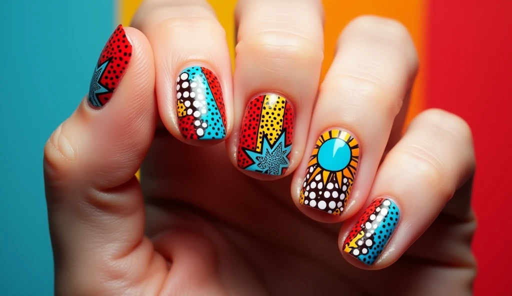 **Retro Pop Art Nail Art:** Each nail displays bold, graphic pop art elements like comic-style dots, explosive shapes, and vibrant primary colors. The background is a contrasting, solid color with a slight texture to mimic the classic comic book feel. This design brings a playful, vintage pop art vibe to your fingertips with eye-catching patterns and vivid hues.