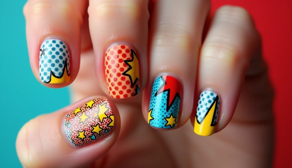 **Retro Pop Art Nail Art:** Each nail displays bold, graphic pop art elements like comic-style dots, explosive shapes, and vibrant primary colors. The background is a contrasting, solid color with a slight texture to mimic the classic comic book feel. This design brings a playful, vintage pop art vibe to your fingertips with eye-catching patterns and vivid hues.